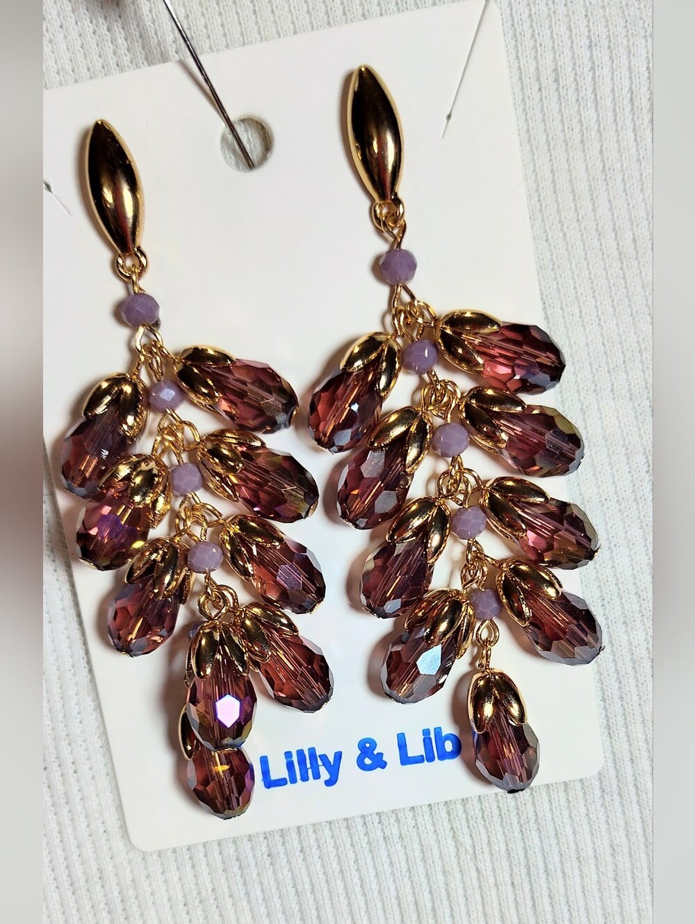 Purple Gold Dangle Crystal Earrings Nickel Free